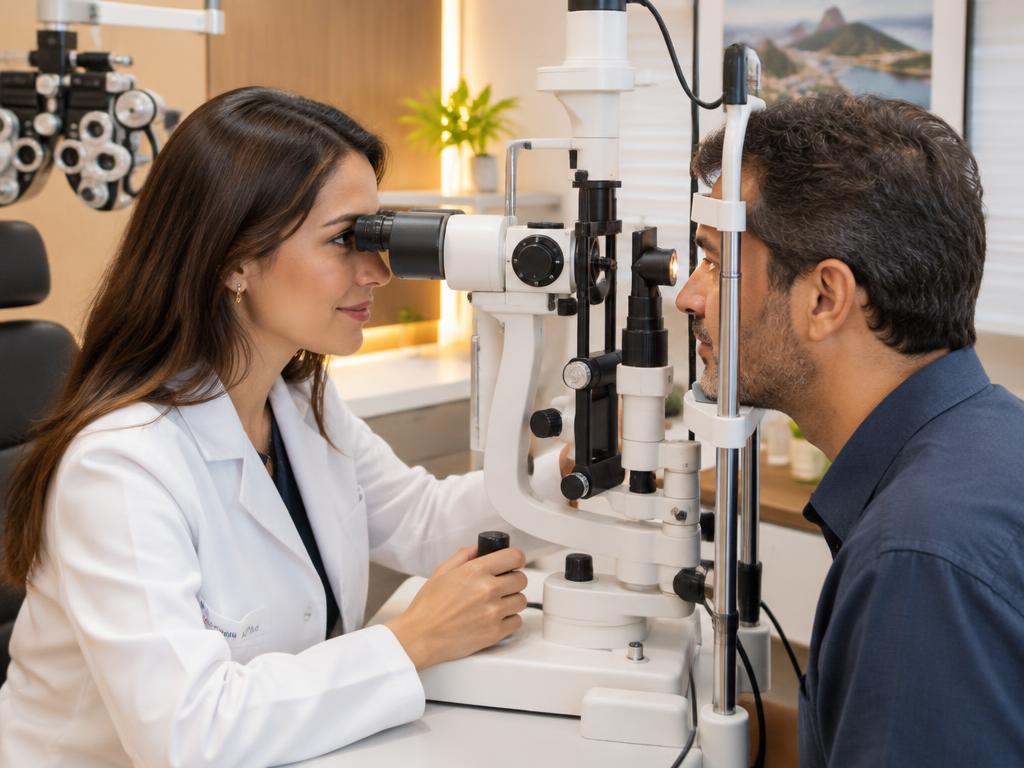 Optometrista realizando exame de vista em paciente