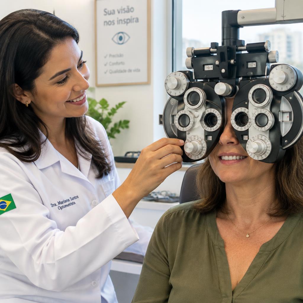 Optometrista realizando exame de vista em paciente